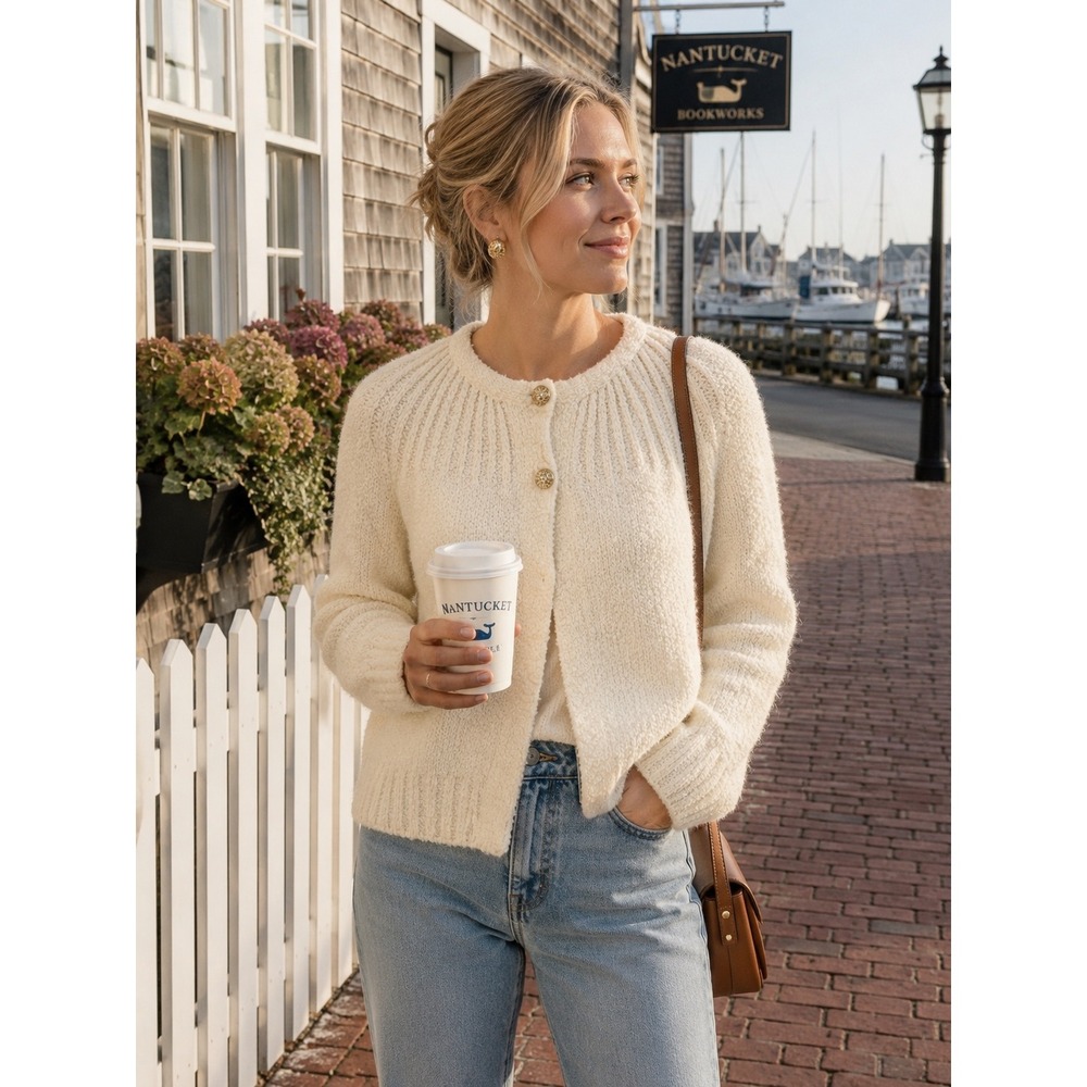 Vintage Le Chois Boucle Cardigan Cream Textured Sweater Gold Buttons Cottage L